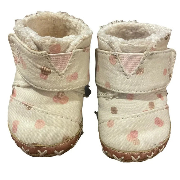 Tom's Pink Polka Dot Booties, Size 3, Soft Sole, Fleece Lined - Picture 1 of 6